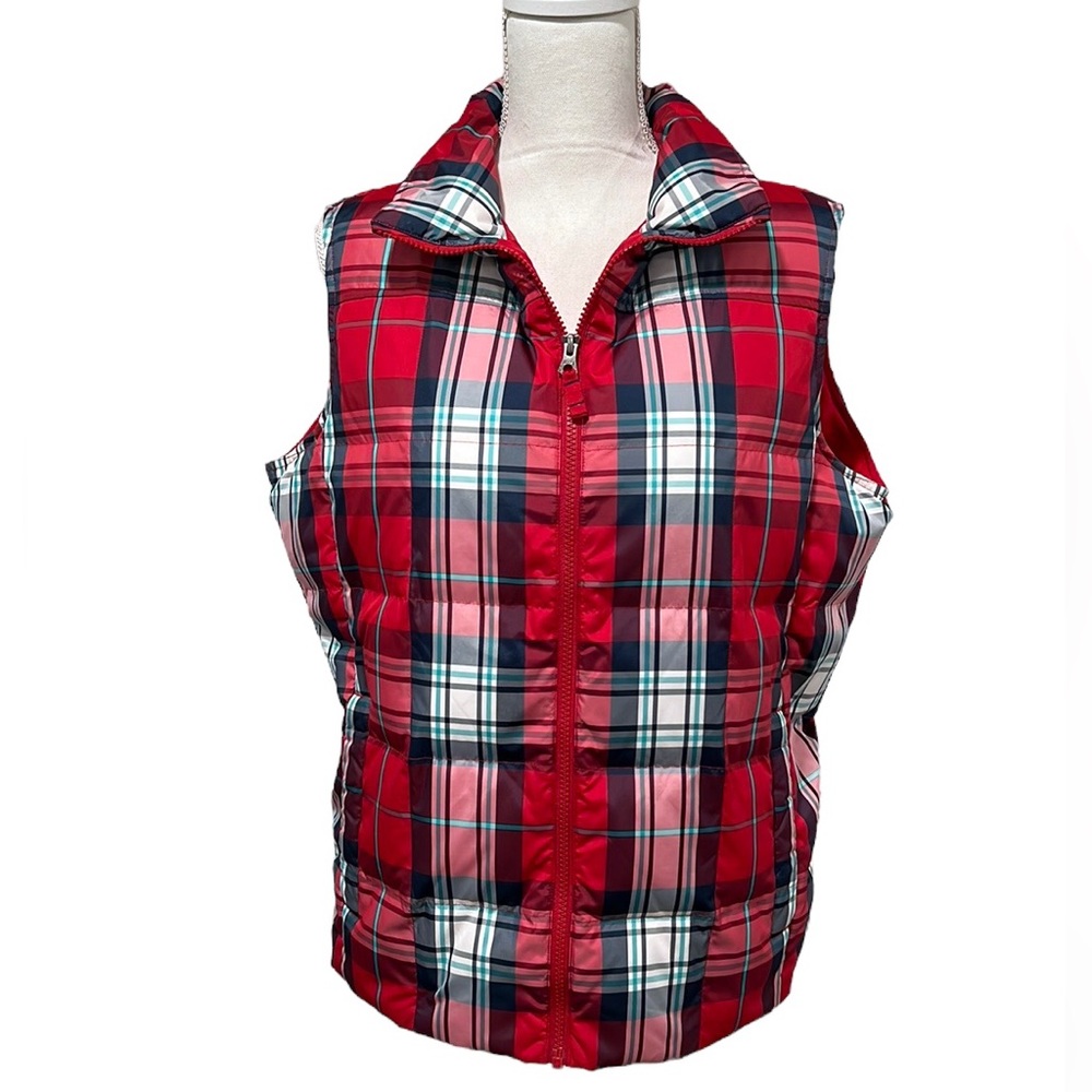 Lands’ End Red and Blue Plaid Down Puffer Vest Size L/P 14-16